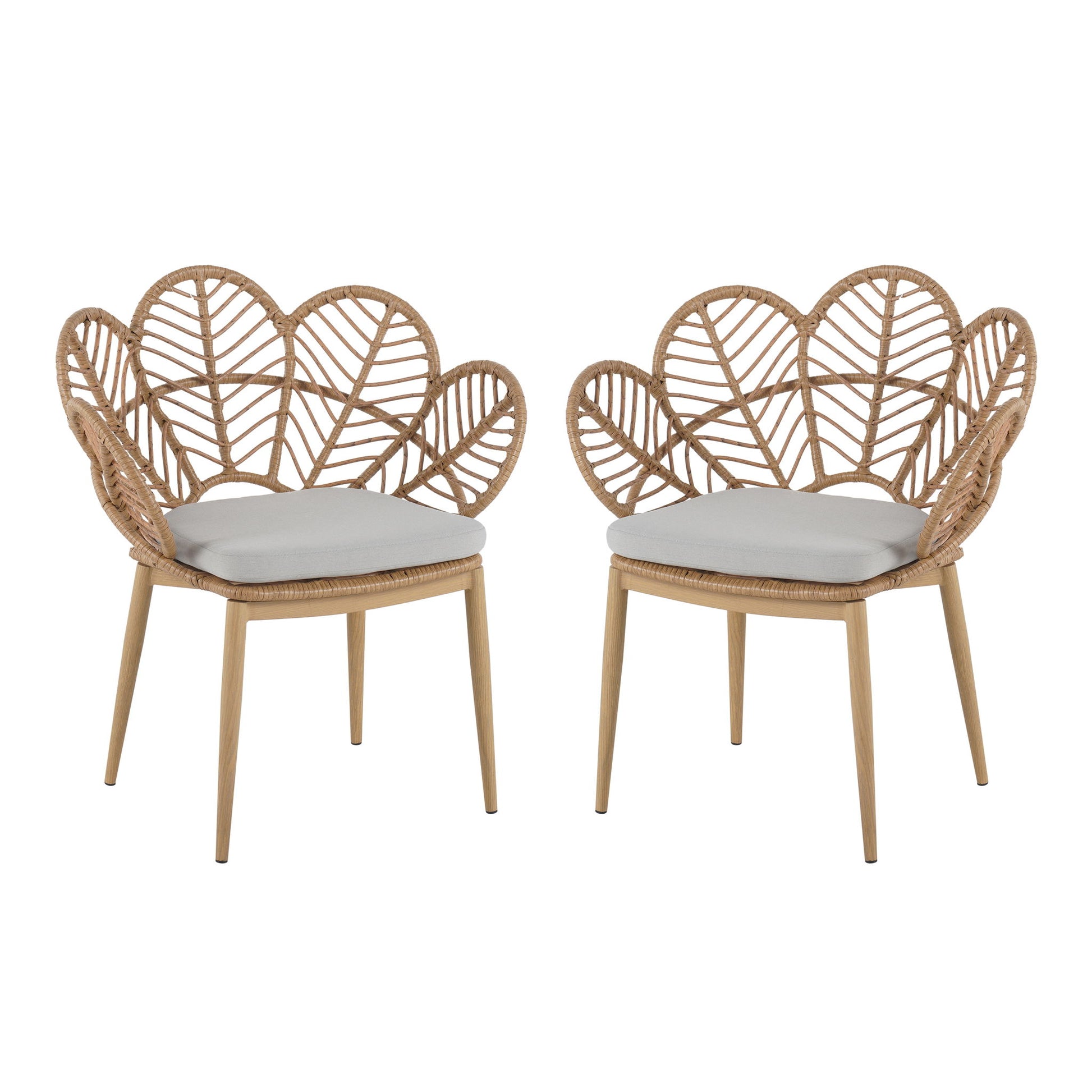 Kirk - Outdoor Wicker Peacock Shape Papasan Style Chair, Teak Finished Leg (Set of 2) - Beige / Light Brown / Light Teak