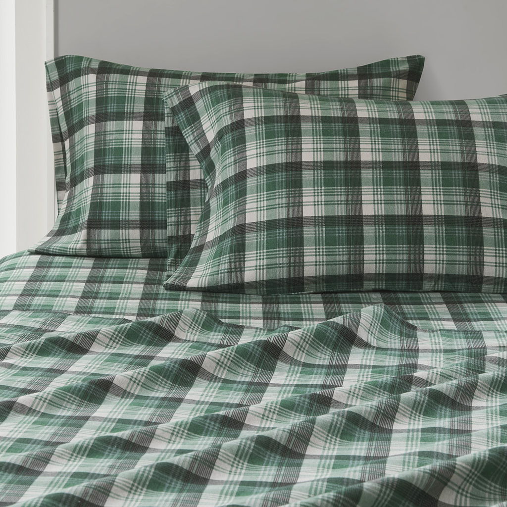 Flannel - King Sheet Set - Green Plaid