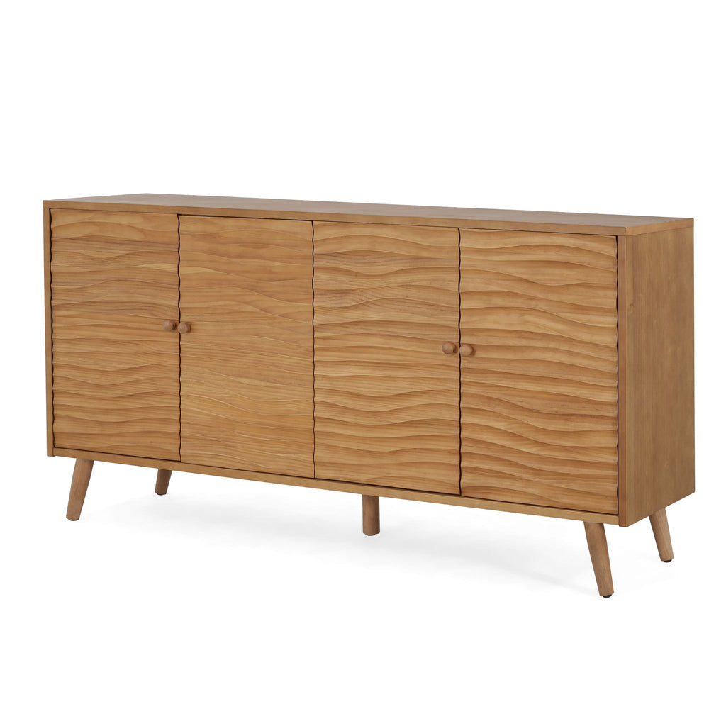 4 Door Sideboard, Wavy Pattern Doors, Adjustable Shelves - Natural