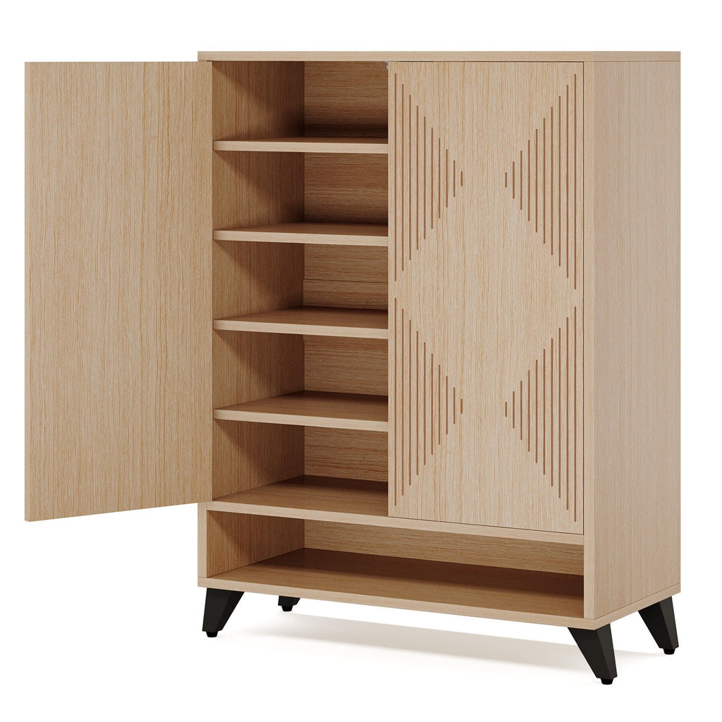 6 Tier Shoe Cabinet With Doors, Handle Free Push To Open Storage Unit For Entryway - Natural