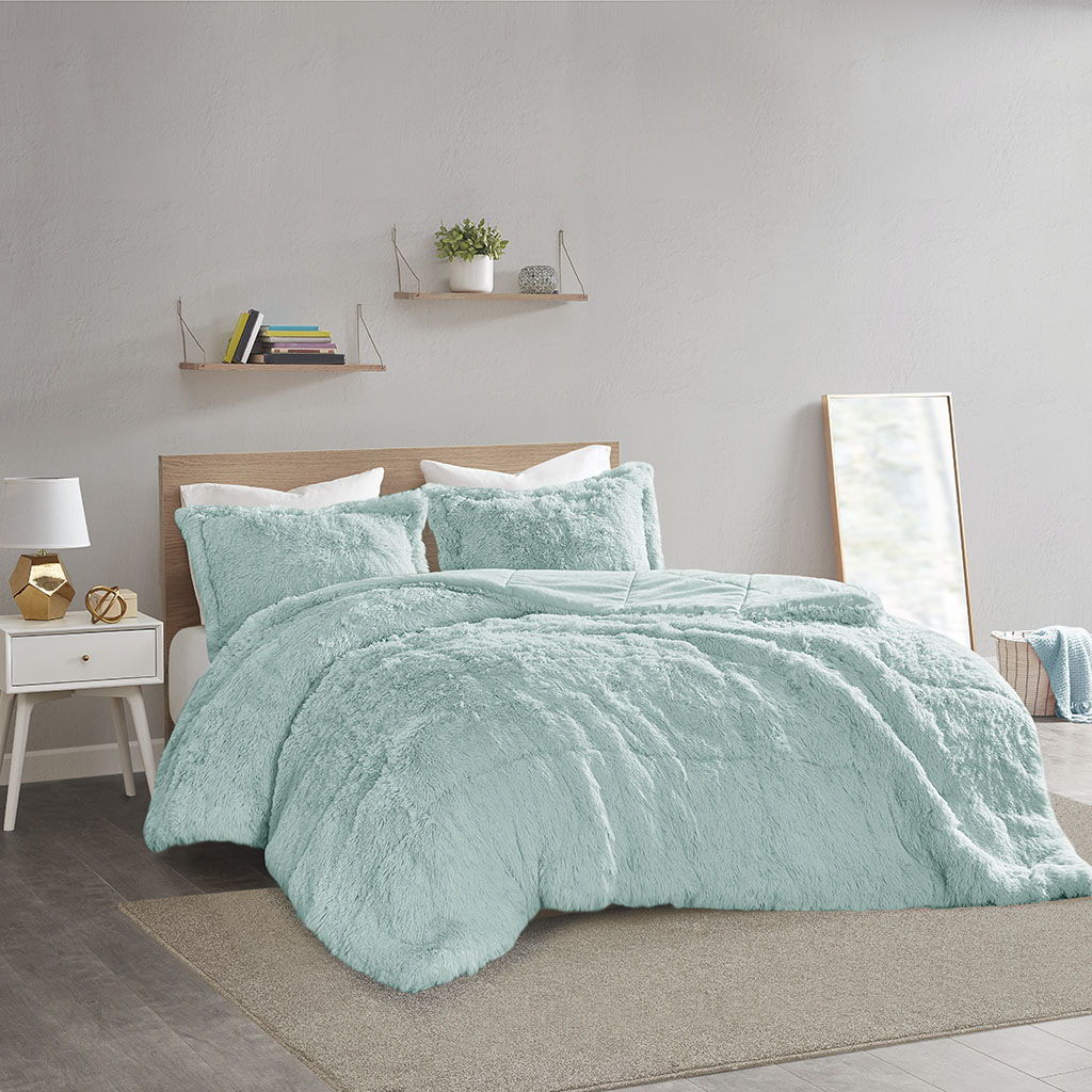 Malea - King Shaggy Long Comforter Mini Set - Aqua