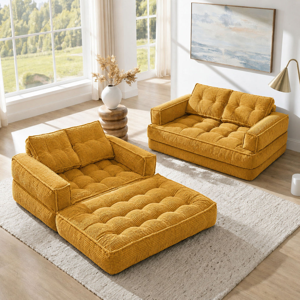 2 Seater Modular Corduroy Sofa With Chaise Lounge For Living Room