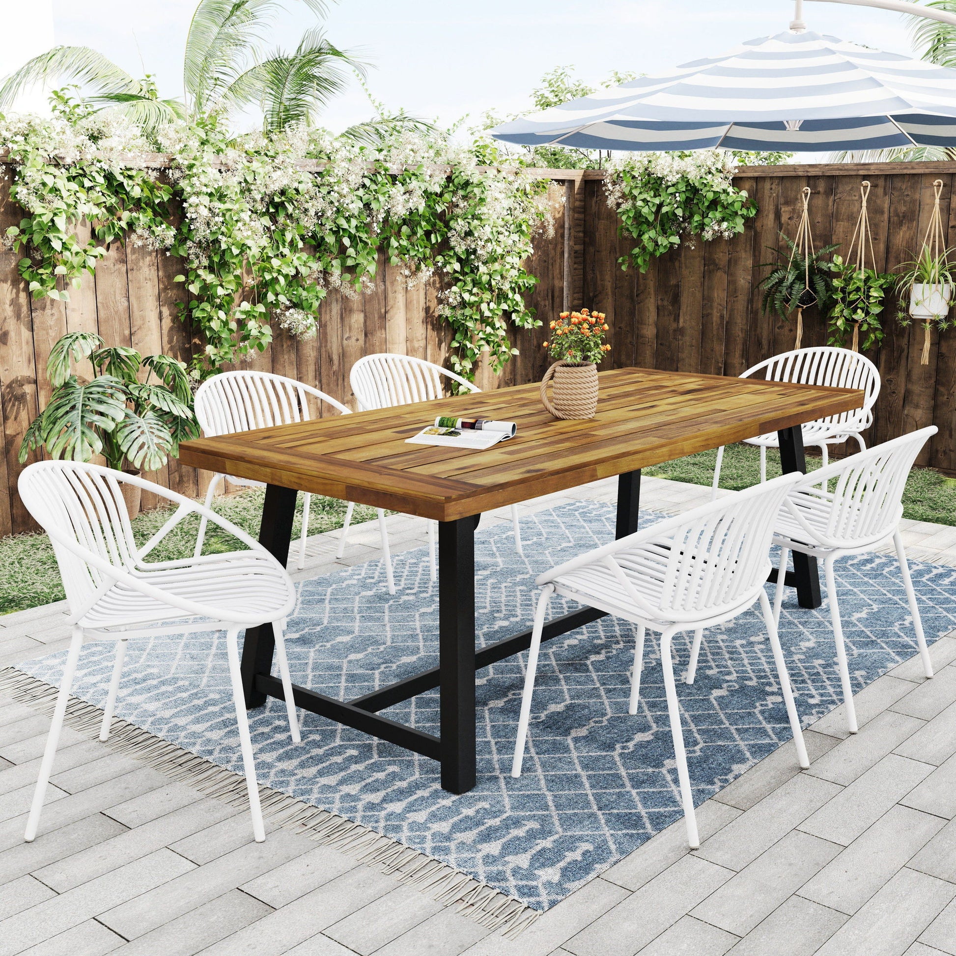 7 Piece Outdoor Modern Dining Set With Stackable Chairs