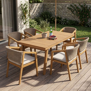 7 Piece Outdoor Dining Set With Rectangular Table And 6 Arm Chairs - Beige / Brown / Brown Mix / Light Teak