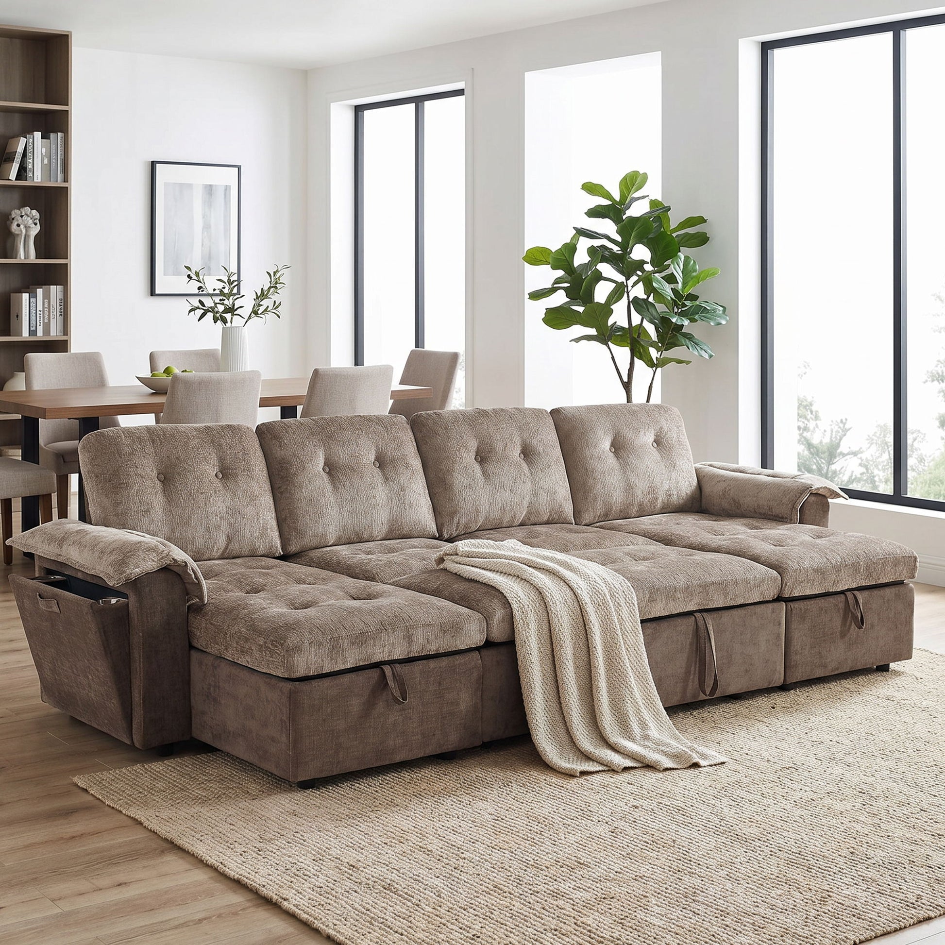 Modern U-Shaped Sleeper Sectional Sofa Bed With USB Ports, Cup Holder, And Hidden Storage