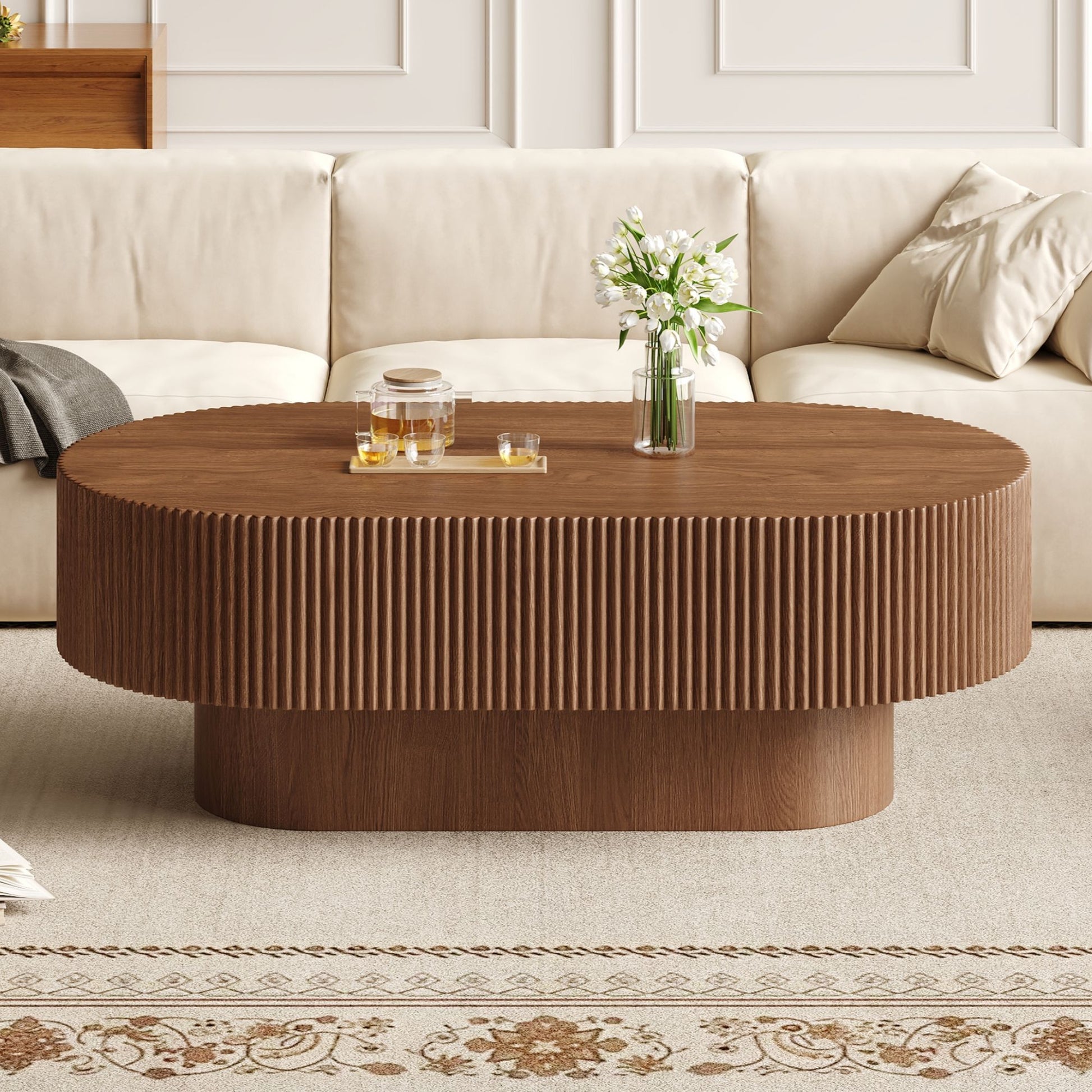 Oval Coffee Table With Thick Tabletop For Living Room