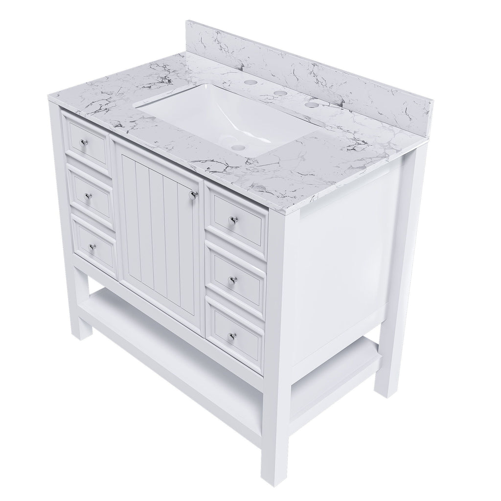 37" Bathroom Vanity With Artificial Marble Carrara Top, Multi Functional Cabinet With Doors And Drawer - White