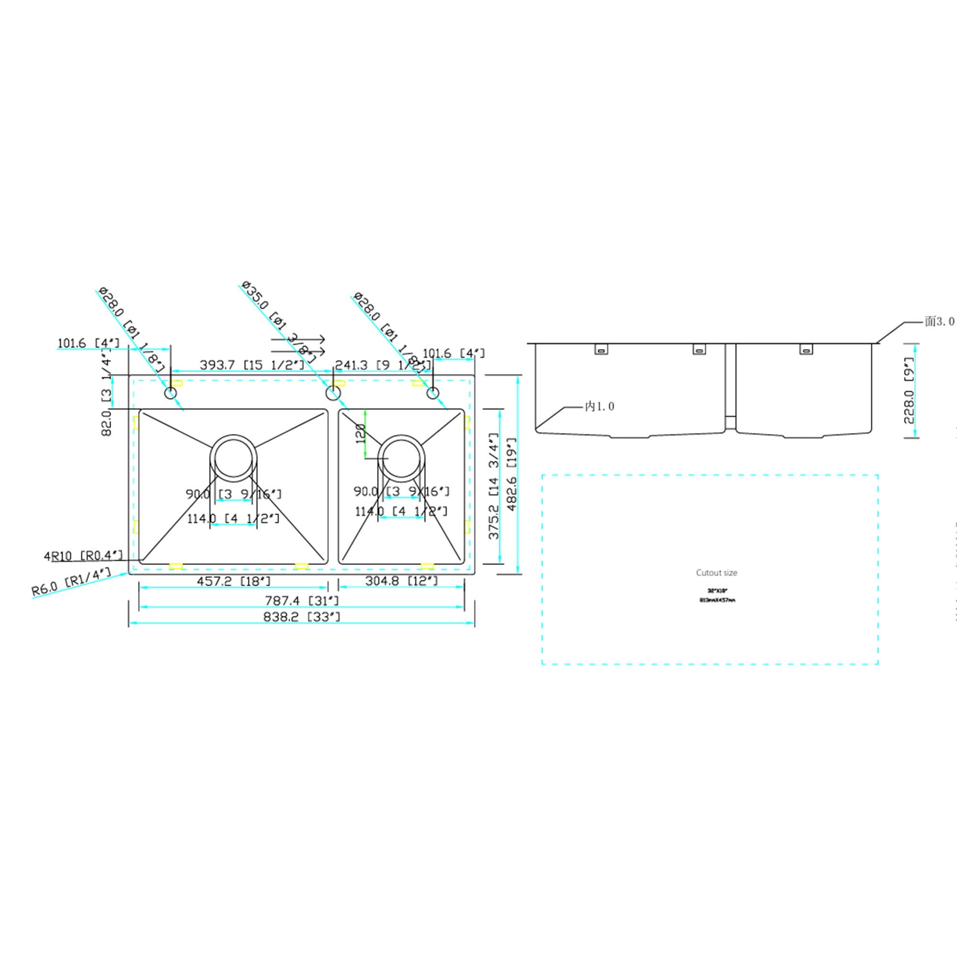 Double Bowl, Drop-In Sink With 2 Basins
