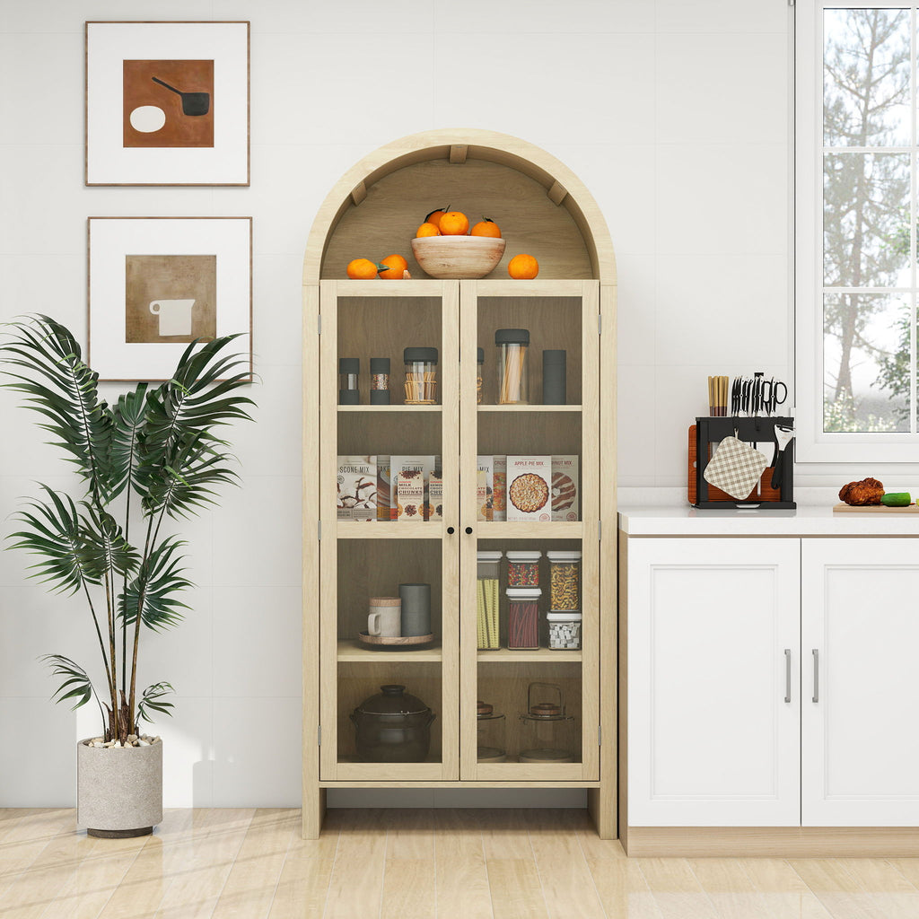 Tall Arched Kitchen Pantry, Modern Farmhouse Wood Kitchen Storage Cabinets, Arched Storage Display Cabinet With Adjustable Shelves, Versatile Cupboard For Kitchen, Dining Room - Natural