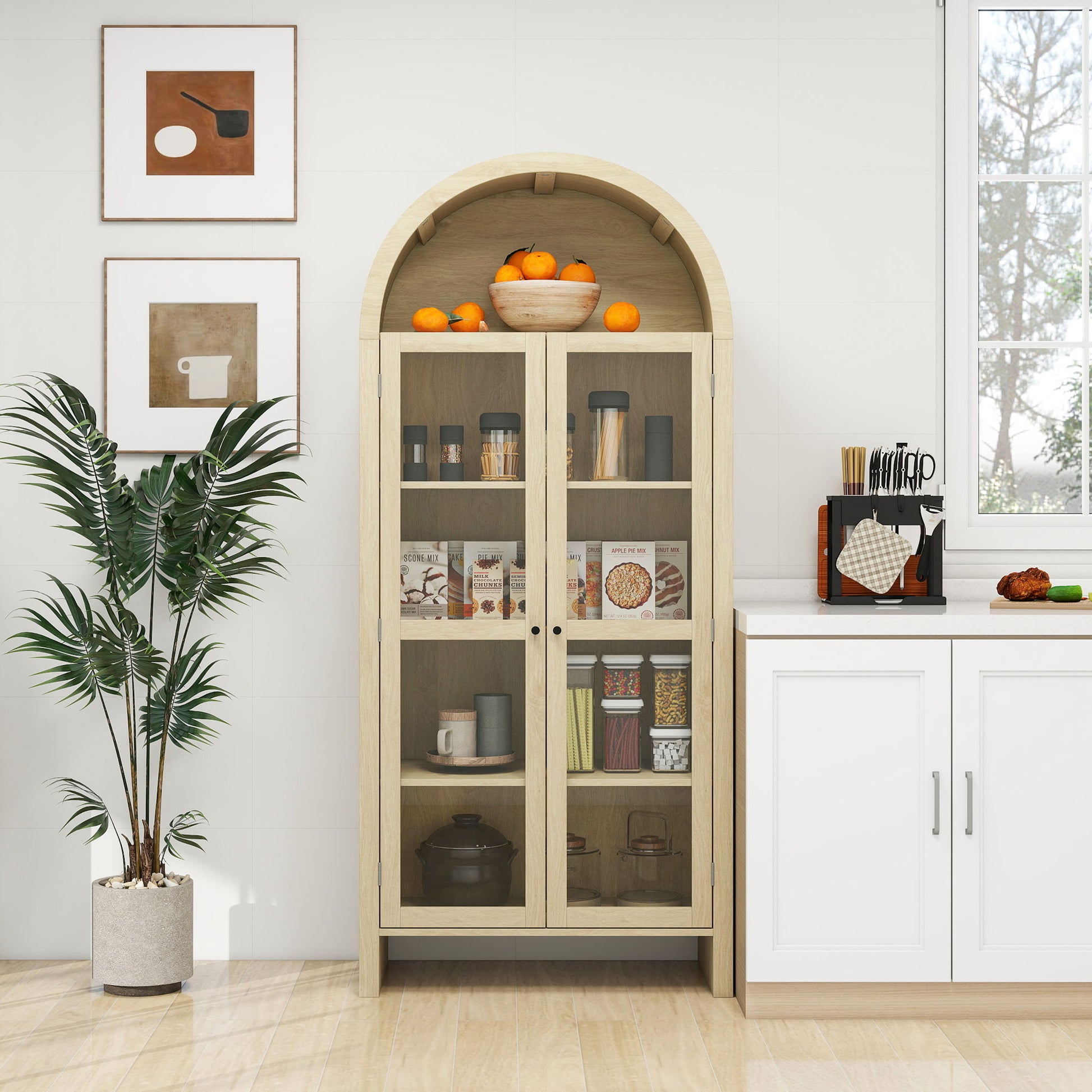 Tall Arched Kitchen Pantry, Modern Farmhouse Wood Kitchen Storage Cabinets, Arched Storage Display Cabinet With Adjustable Shelves, Versatile Cupboard For Kitchen, Dining Room - Natural