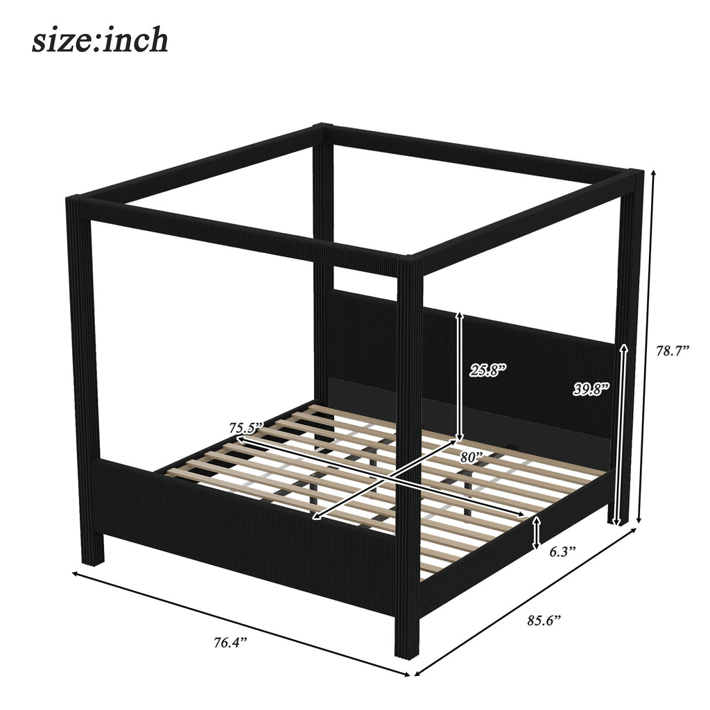 Upholstered Canopy Platform Bed With Headboard And Footboard, Vertical Ribbed Design