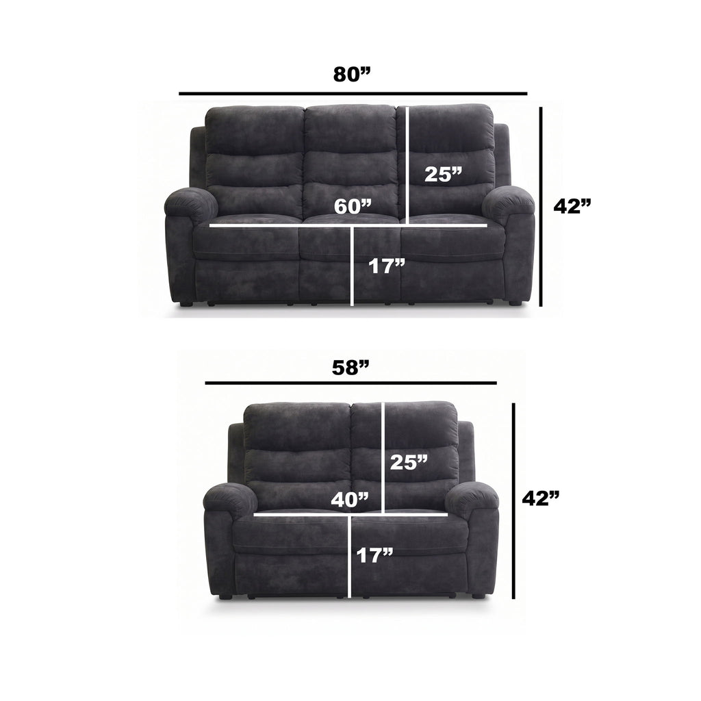 2 Piece Reclining Sofa Set, 3 Seat Sofa & 2 Seat Loveseat, 150° Recline - Dark Gray