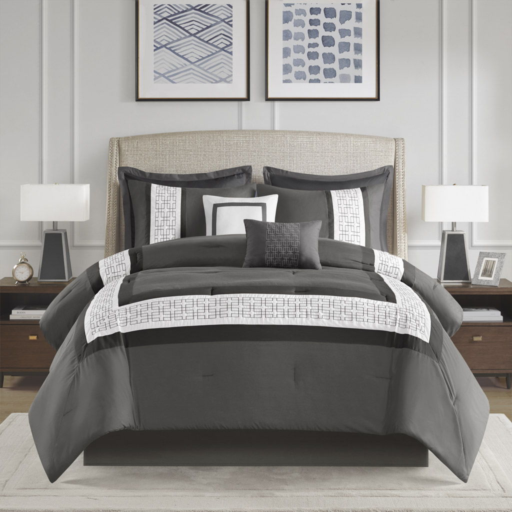 Powell - 8 Piece Queen Embroidered Comforter Set - Dark Gray