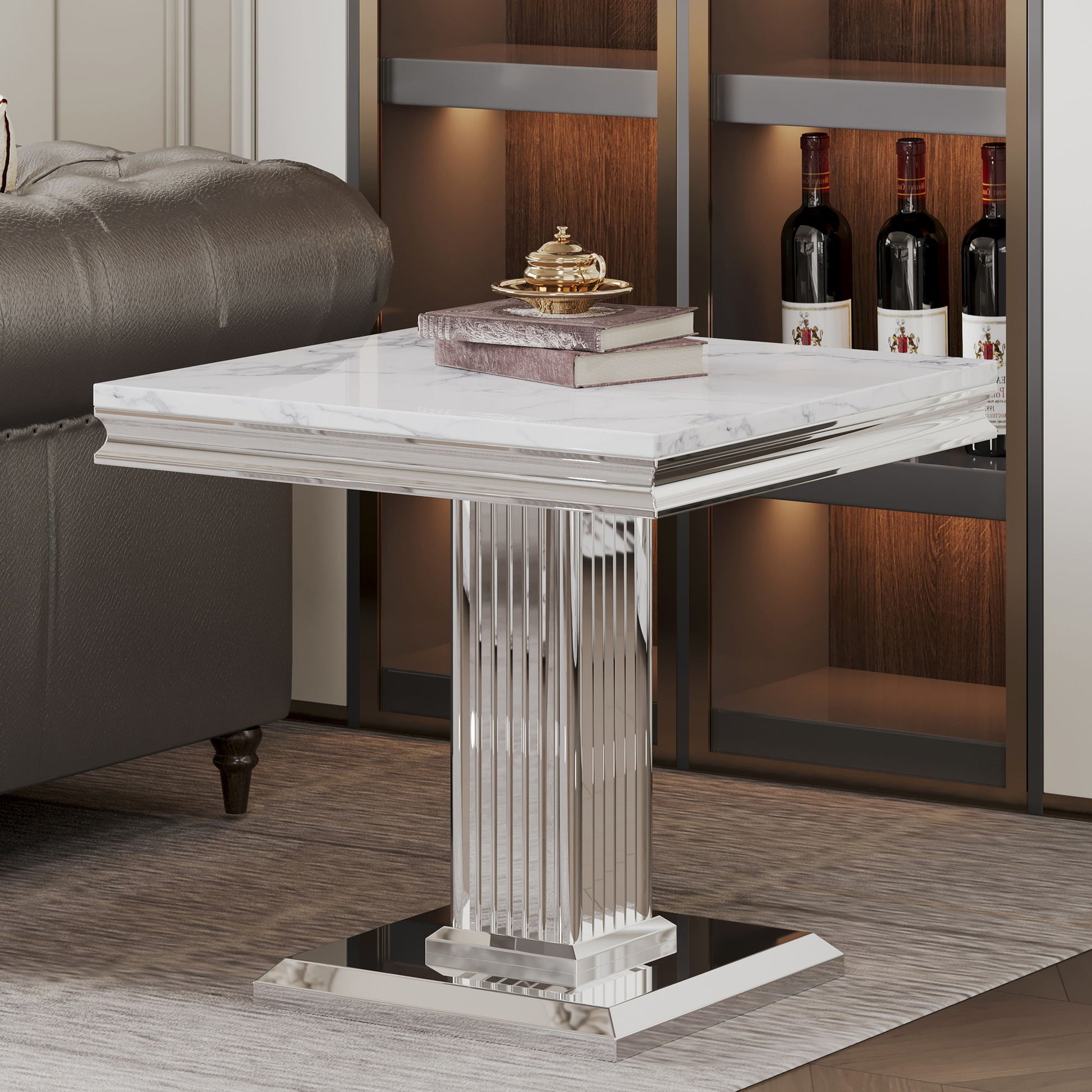 Marble Printed Top Rectangular End Table, Base With Mirrored Finish