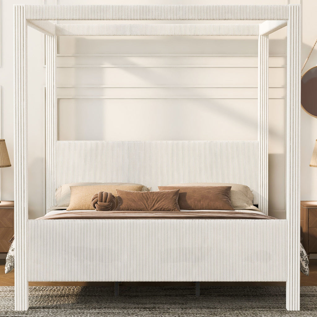 Upholstered Canopy Platform Bed With Headboard And Footboard, Vertical Ribbed Design