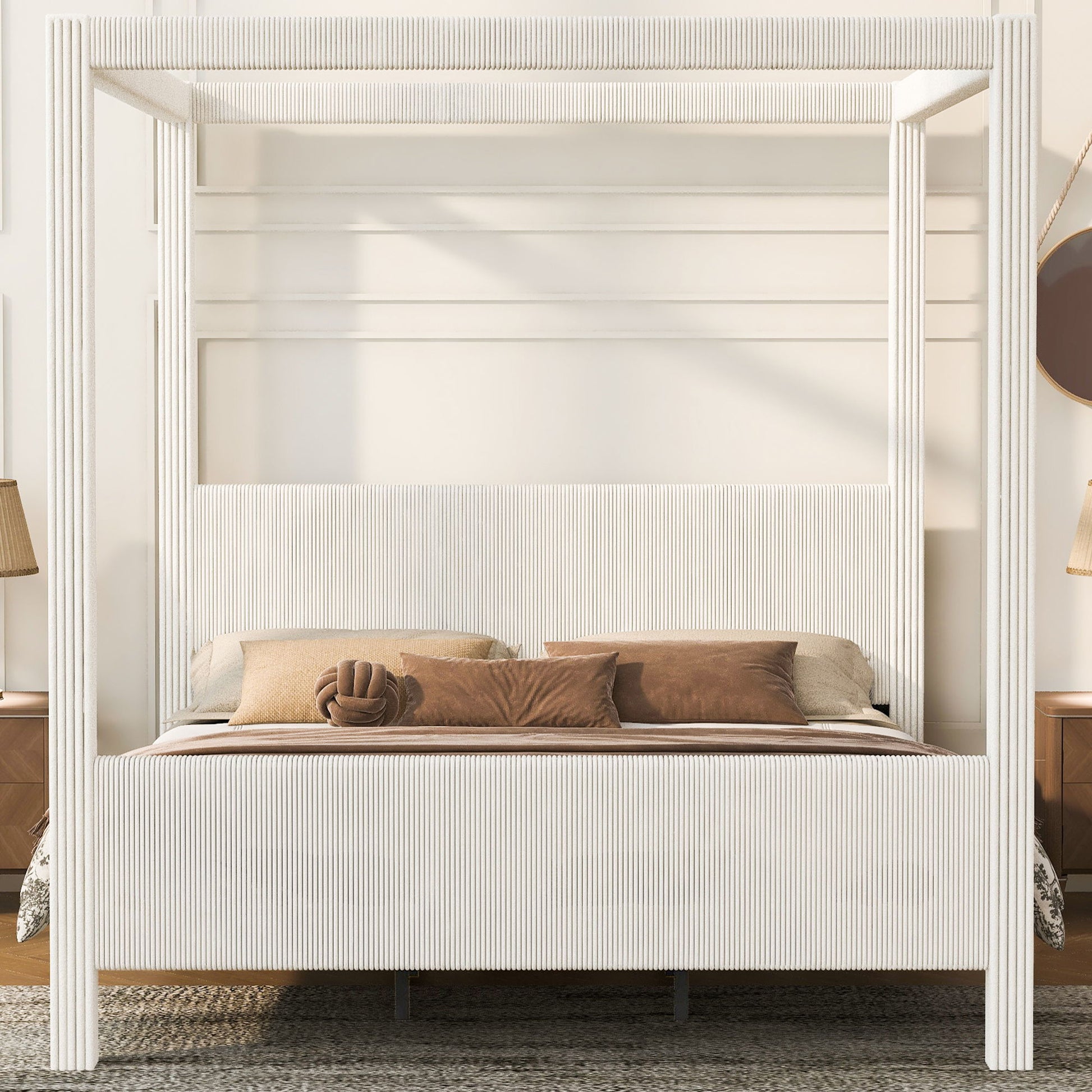Upholstered Canopy Platform Bed With Headboard And Footboard, Vertical Ribbed Design