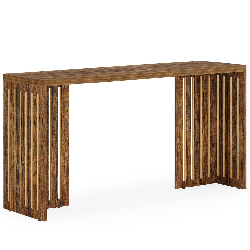 Narrow Counter Height Pub Table With Louvered Base For Kitchen - Rustic Brown