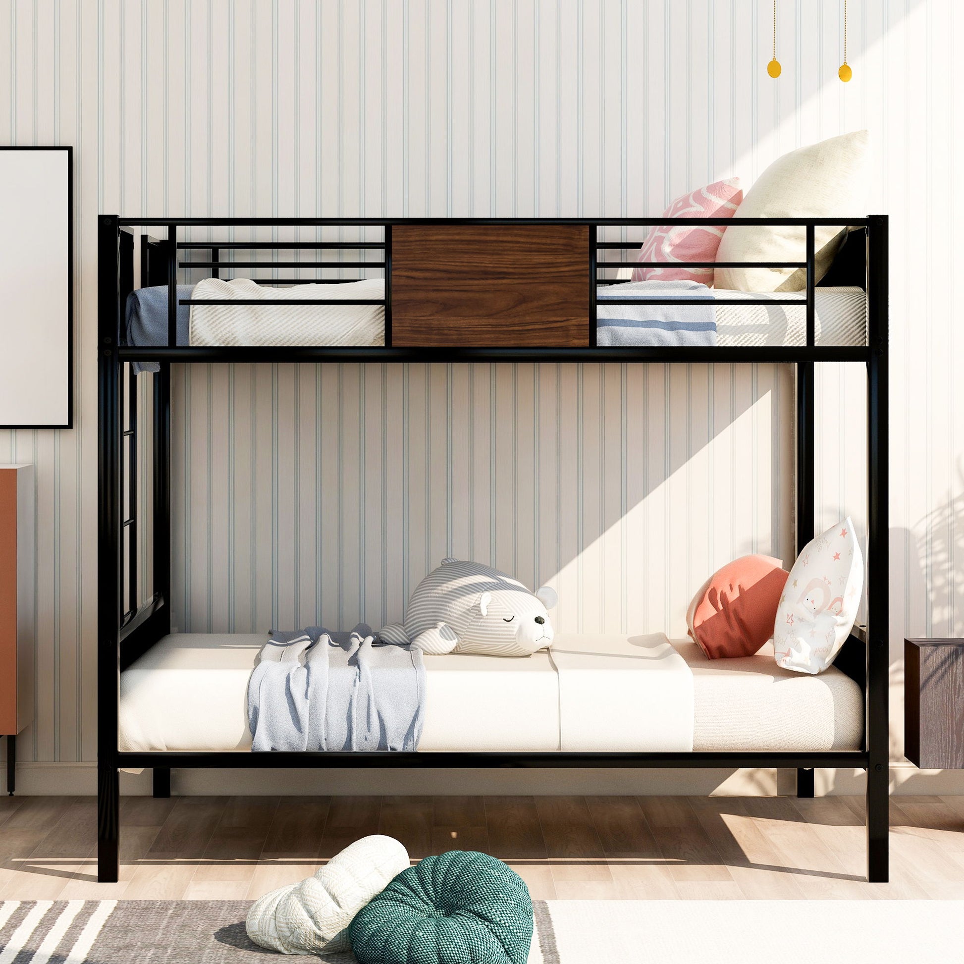 Full Over Full Bunk Bed Modern Style Steel Frame Bunk Bed With Safety Rail, Built-In Ladder For Bedroom - Brown