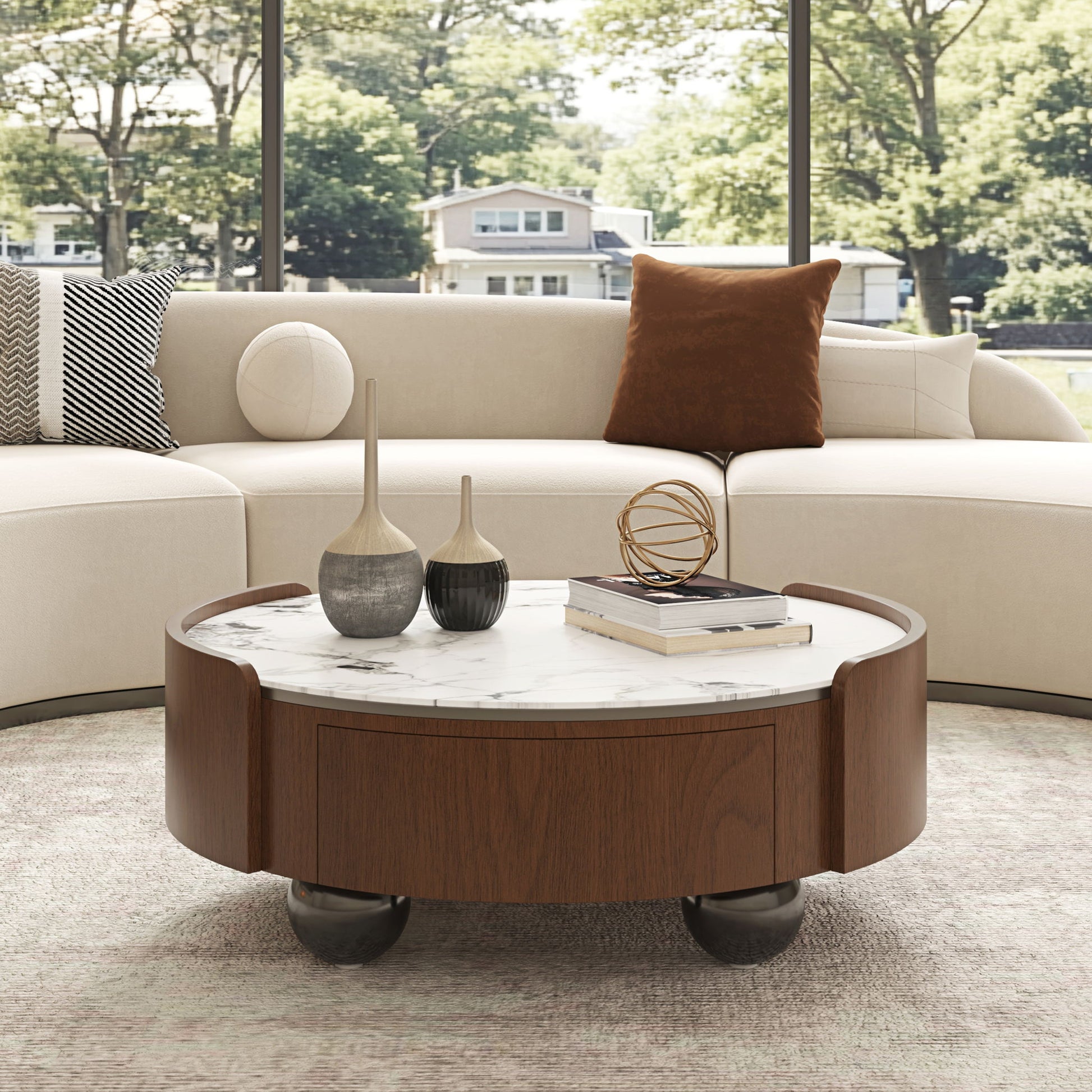 Round Coffee Table With Ball Feet, Dual Storage Drawers For Living Room - Walnut Brown