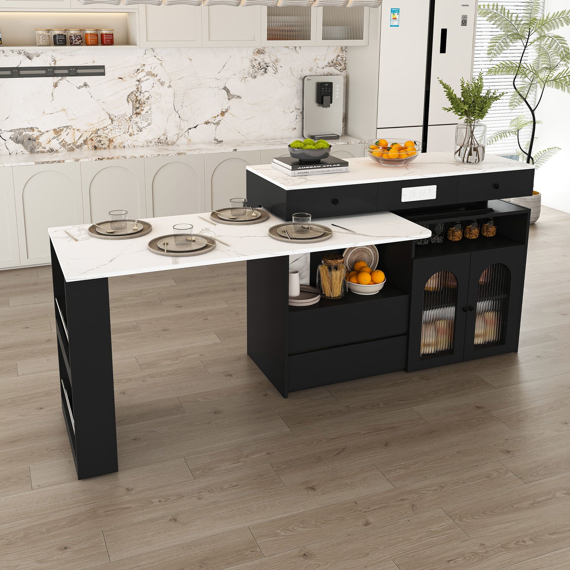 Kitchen Island With Extendable Rotating Table, 4 Drawers & Glass Door Cabinets, Built In Socket - Black