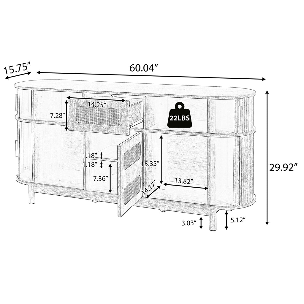 Fluted Sideboard Buffet Cabinet With Sliding Doors And Adjustable Shelves