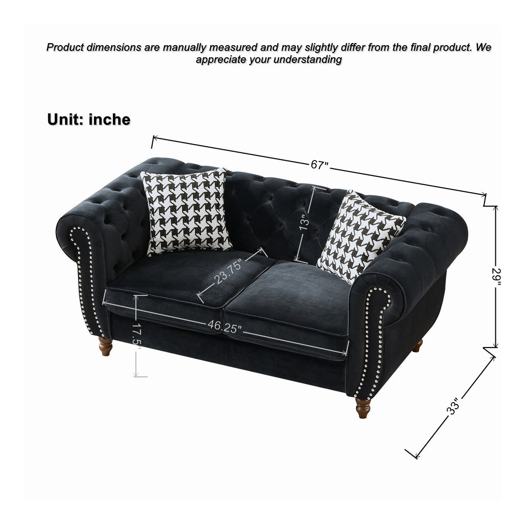 Chesterfield Velvet Upholstery Fabric Loveseat With Roll Armrest And Nailhead