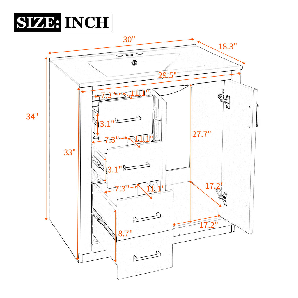 Ceramic Sink Combo, Freestanding Vanity Set With 3 Drawers & Soft Closing Doors