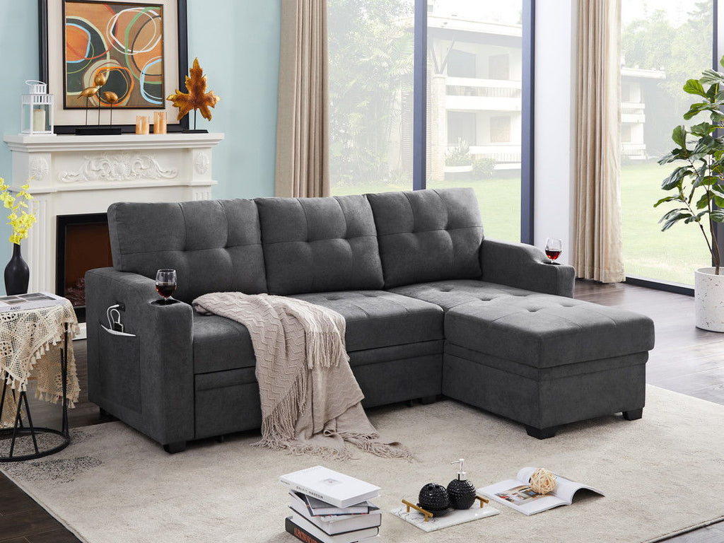 Mabel - Sleeper Sectional With Cupholder, USB Charging Port nd Pocket - Dark Gray