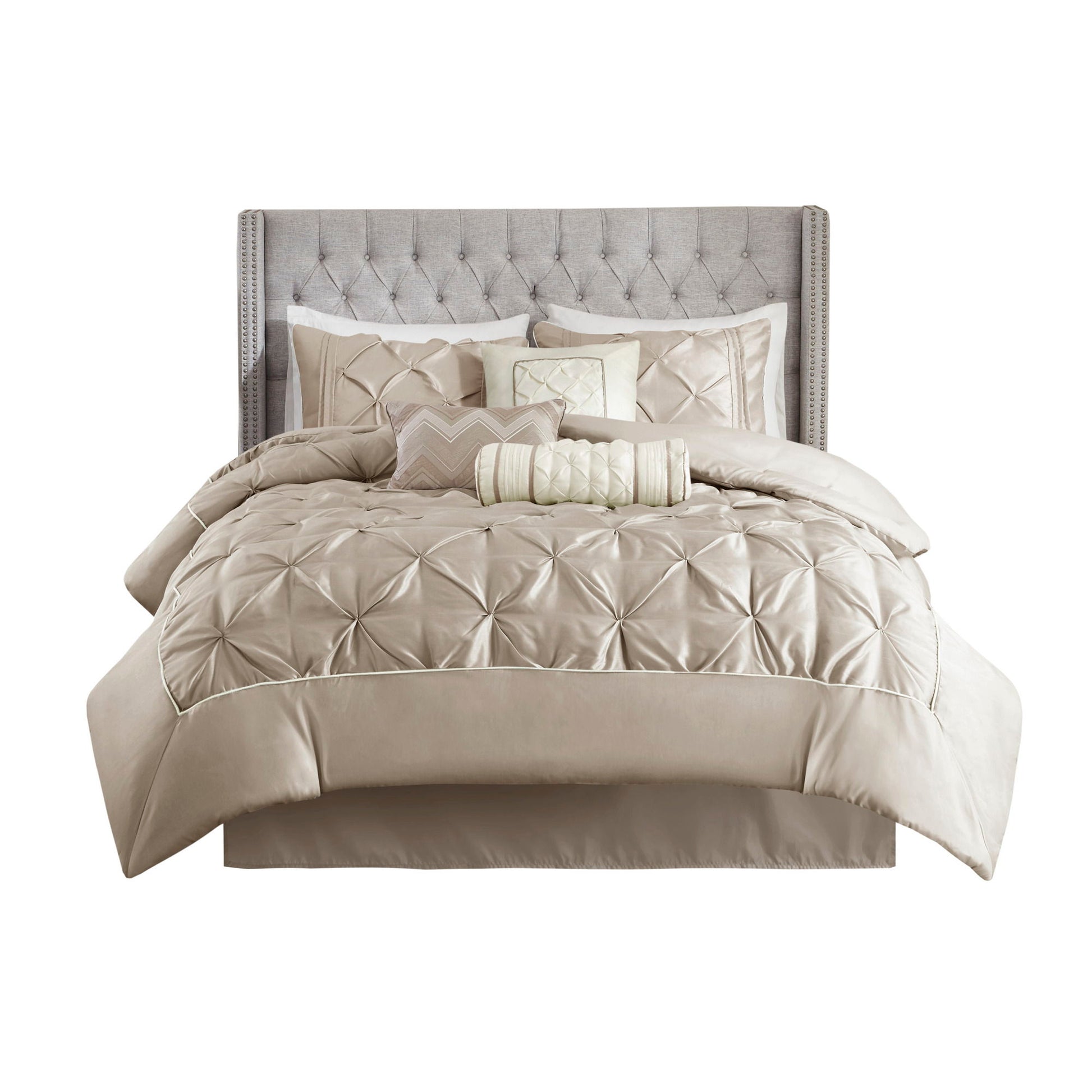 Laurel - Queen Pieced Pleated 7 Piece Tufted Comforter Set - Taupe