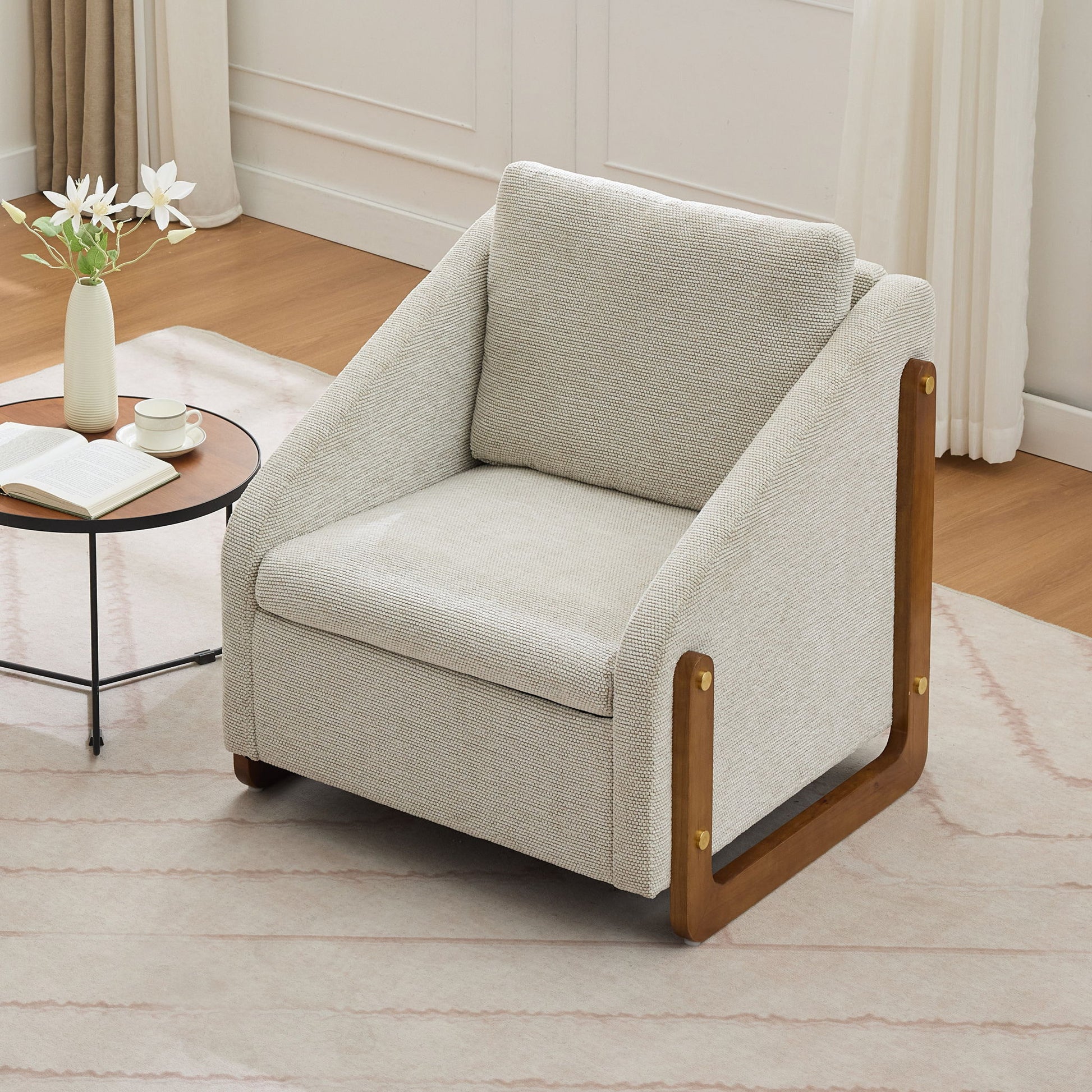 Modern Chenille Upholstered Armchair With Wooden Side Frame