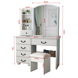 Fashion Vanity Desk With Mirror And Adjustable Lighting, 6 Drawers, 3 Color Light Modes - White