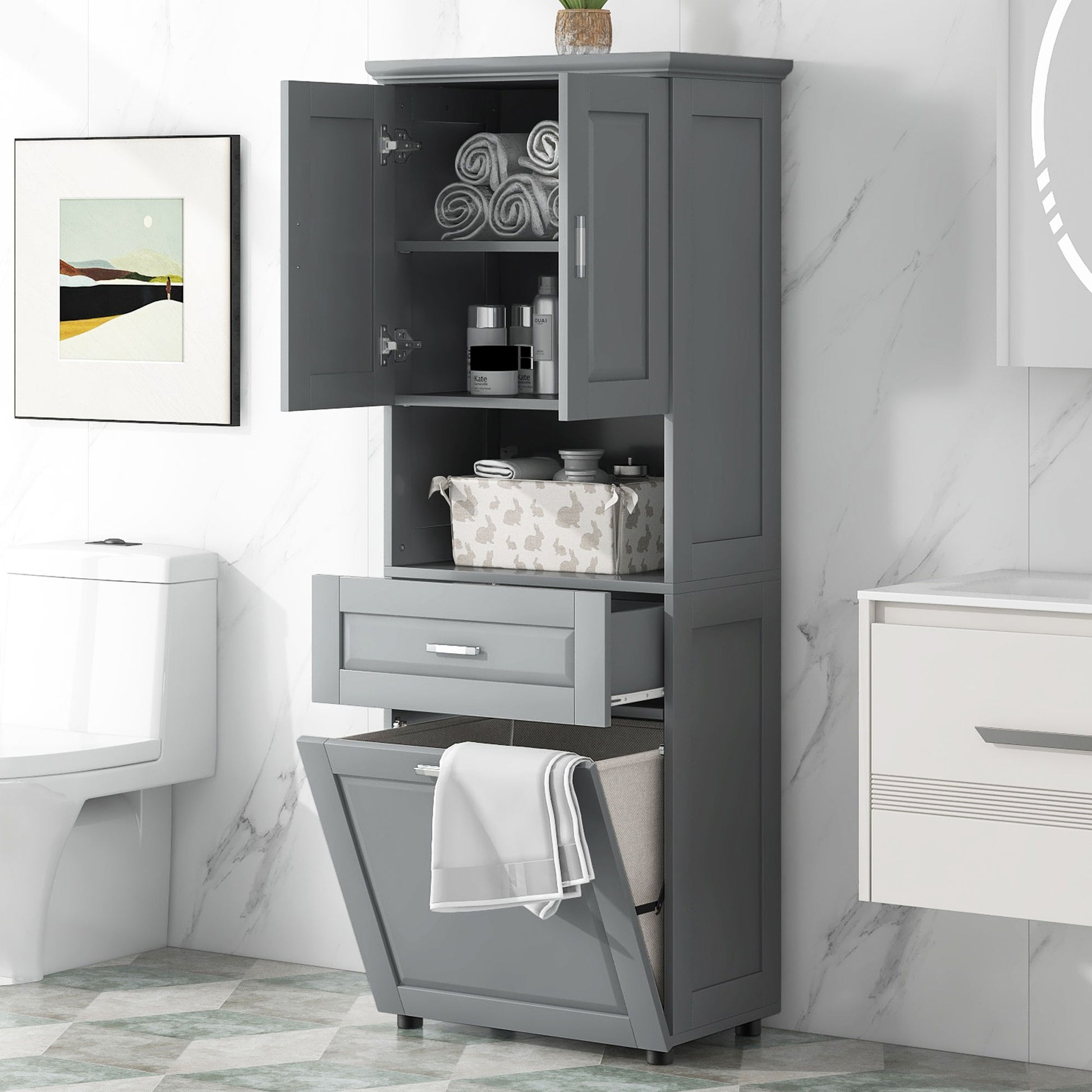 Tall Bathroom Cabinet With Tilt-Out Laundry Basket And Upper Storage