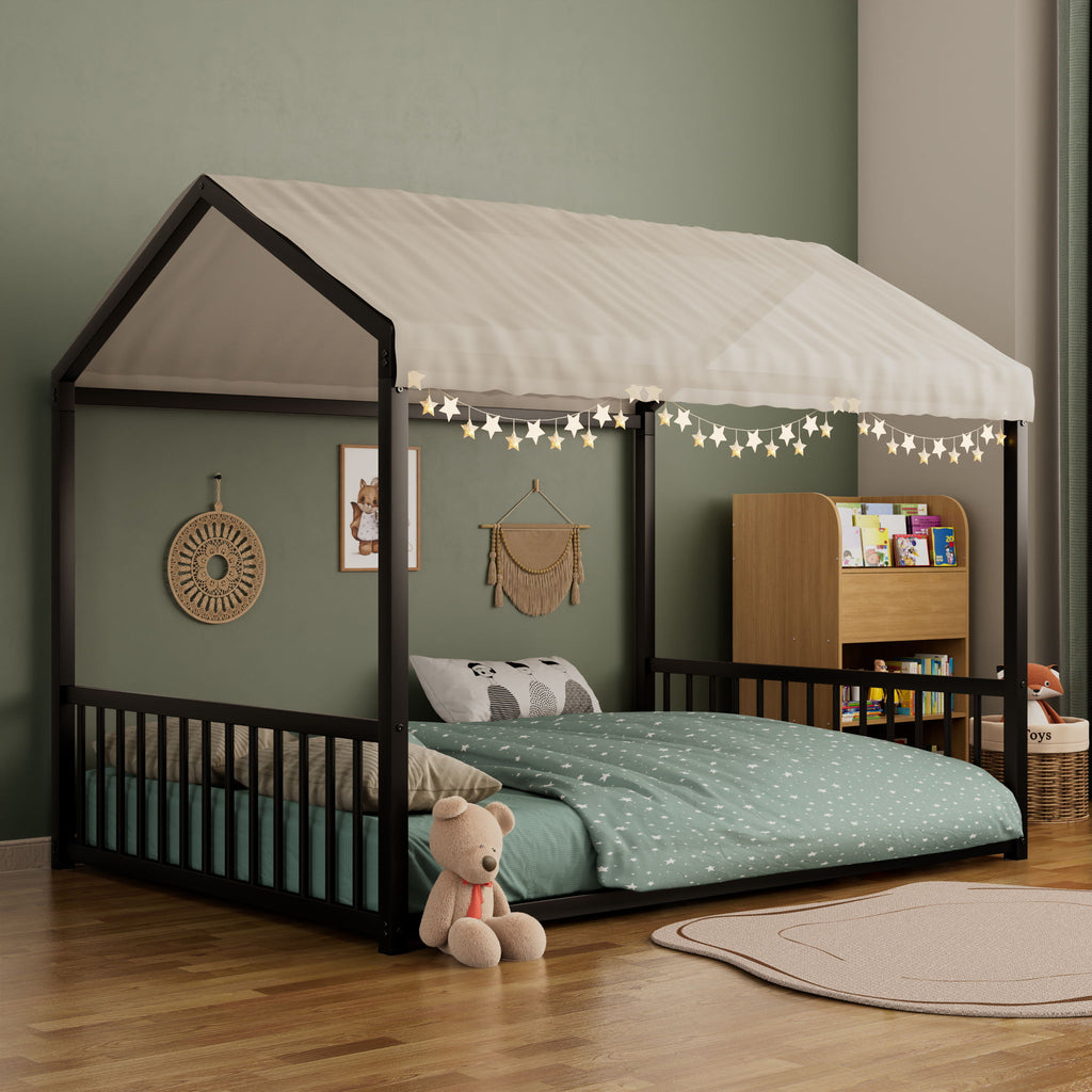 Montessori Style Floor House Shaped Bed With Safety Guardrails