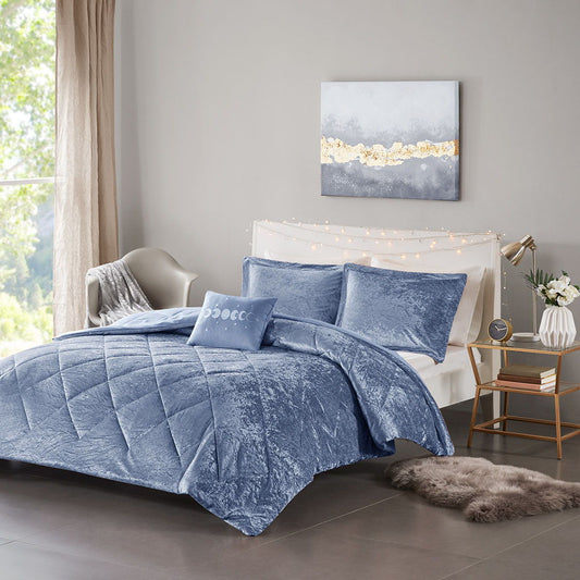 Felicia - Velvet Twin Comforter Set With Throw Pillow - Blue