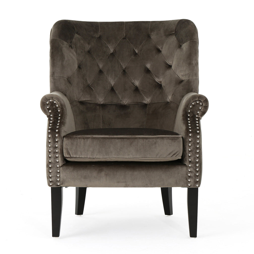 Elegant Velvet Club Chair With Handcrafted Details - Gray