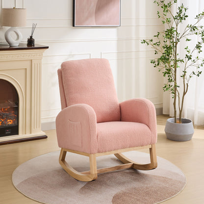 Rocking Chair For Nursery, Sherpa Glider Chair With High Back And Side Pocket, Rocking Accent Armchair With Rubber Wood Legs For Living Room / Bedroom