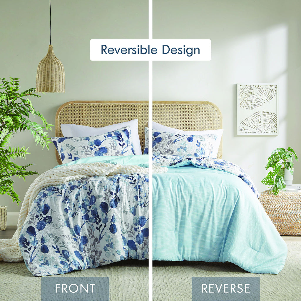 Gabby - Twin/Twin Long Reversible Floral Botanical Seersucker Comforter Set - Navy/Blue