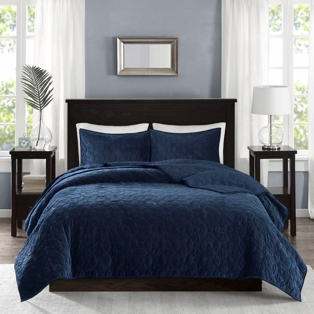Harper - King Reversible 3 Piece Coverlet Set - Navy