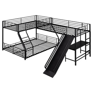 L-Shaped Twin Over Full Bunk Bed With Twin Loft, Built In Desk And Slide - Black