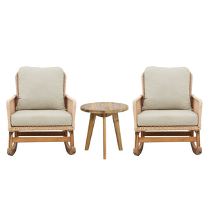 Modern 3 Piece Outdoor Seating Set With Cushioned Rattan Rocking Chairs And Wooden Accent Table