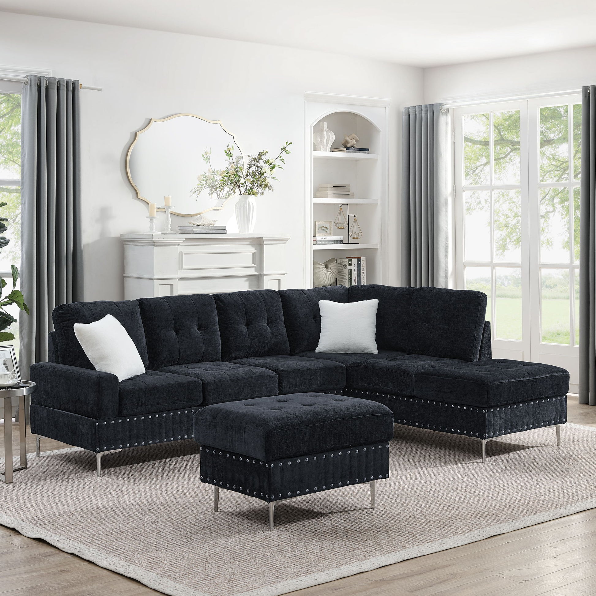 L-Shaped Sectional Sofa With Chaise And Storage Ottoman, Includes 2 Pillows