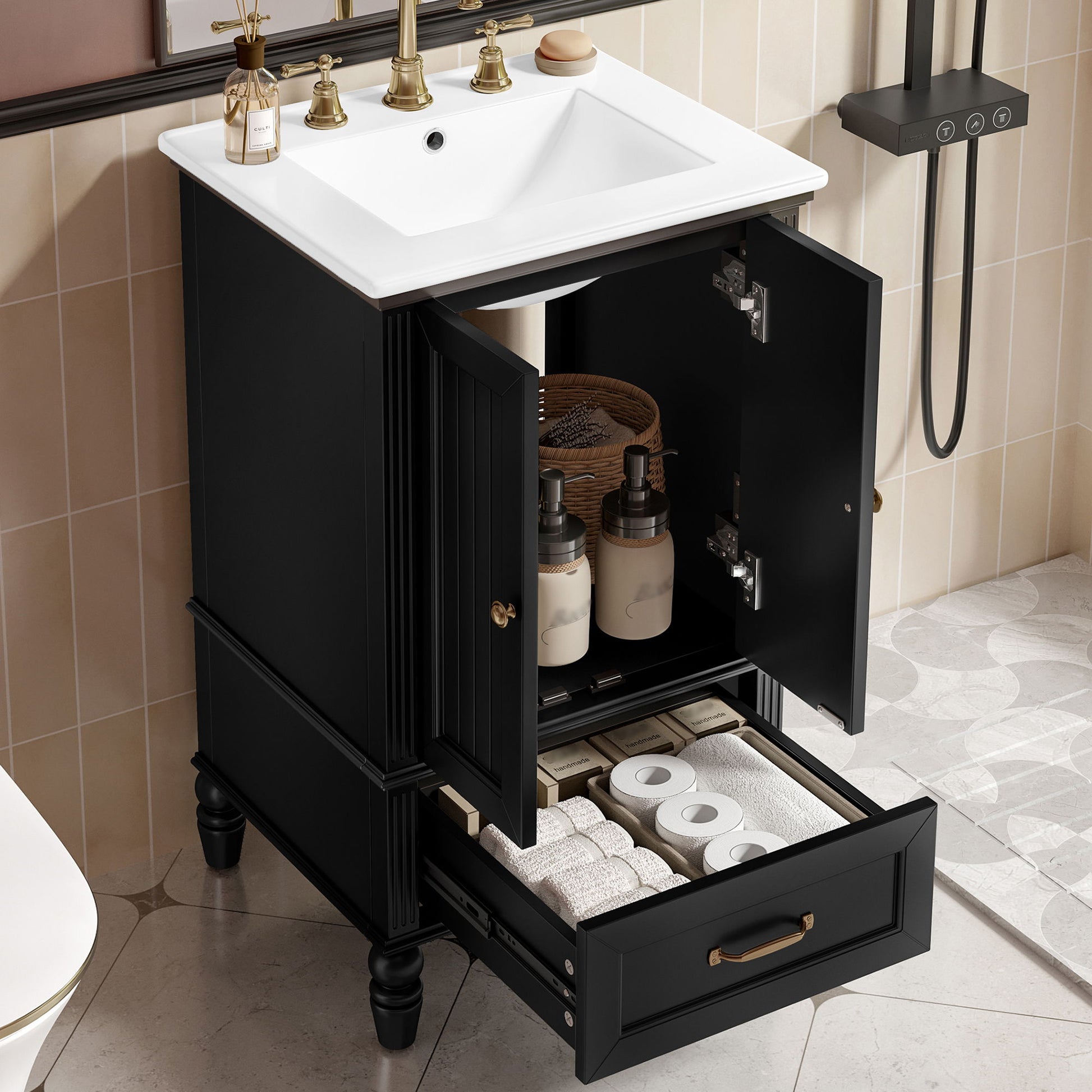 20" Bathroom Vanity With Sink Cabinet With 2 Doors, 2 Drawer, Magnetic Door Stopper, Adjustable Feet, Drop In Sink - Black