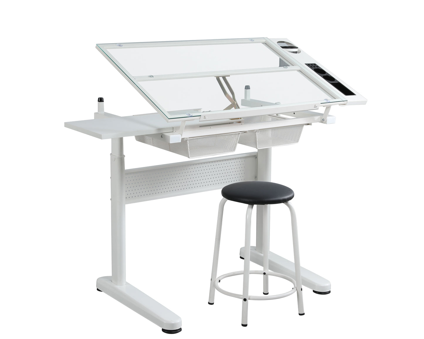 Hand Crank Adjustable Drafting Table Drawing Desk With 2 Metal Drawers With Stool