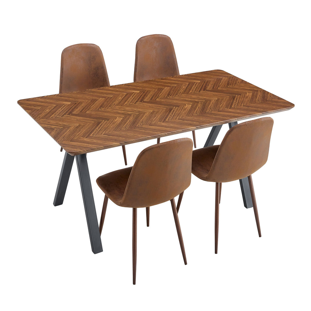 Suede Backrest Chairs With Metal Legs & Herringbone Dining Table Set