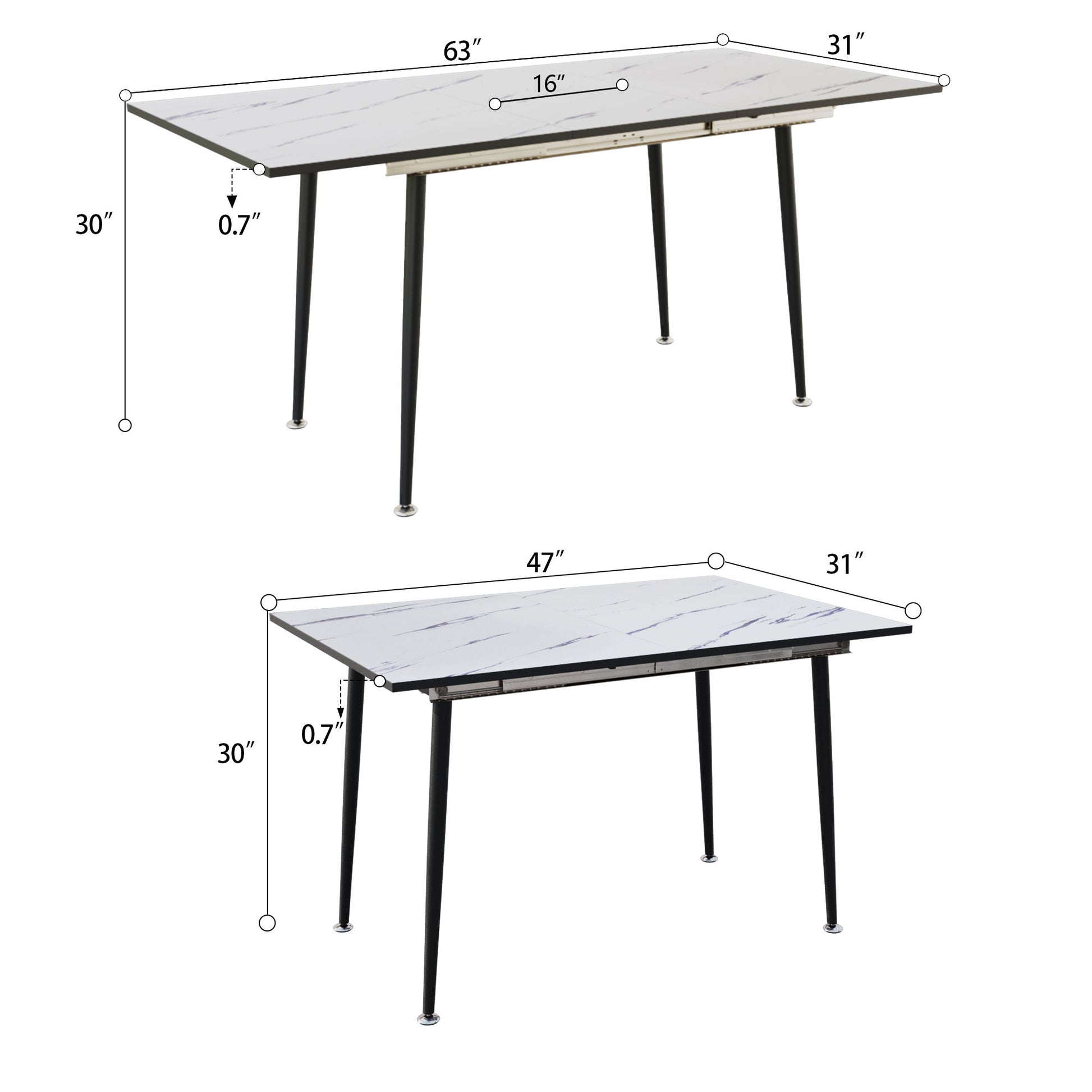 Modern Industrial Expandable Dining Table 47" To With Marble Pattern Top And Metal Legs - White