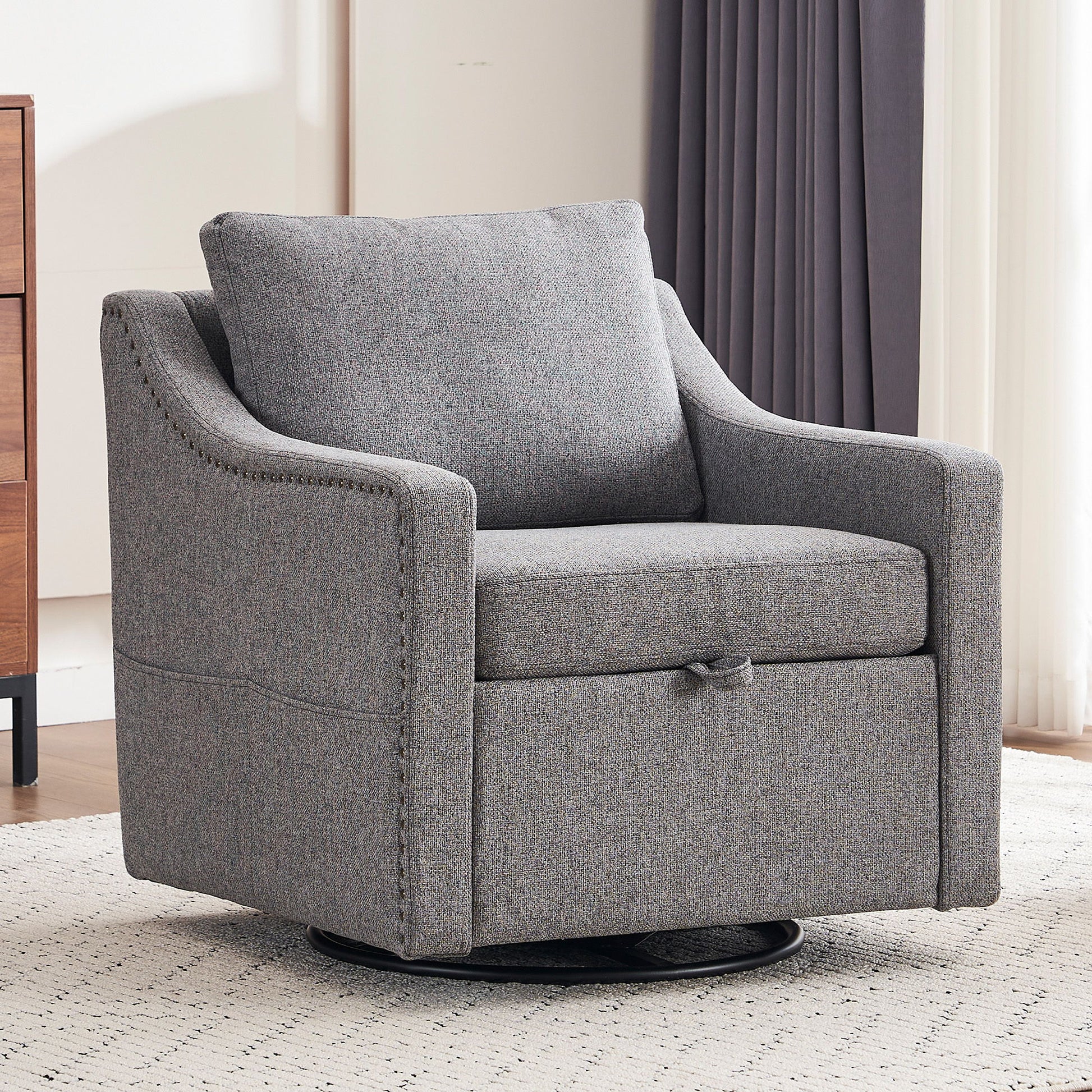 Linen Fabric 360° Swivel Accent Chair With Upholstered Back Pillow And Rivet Armrest