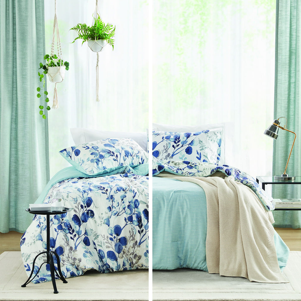 Gabby - Twin/Twin Long Reversible Floral Botanical Seersucker Comforter Set - Navy/Blue
