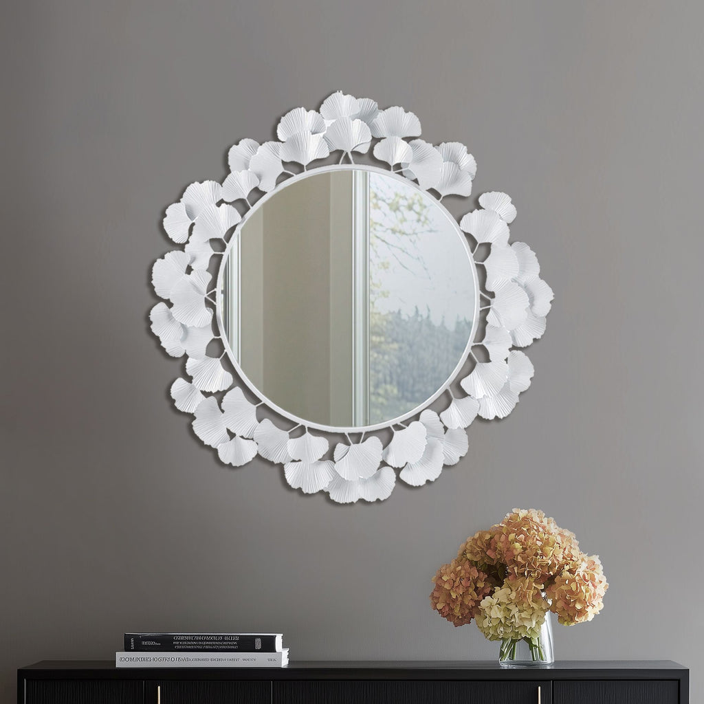 Eden - Eden Gingko Leaf Round Wall Mirror 30.5" - White