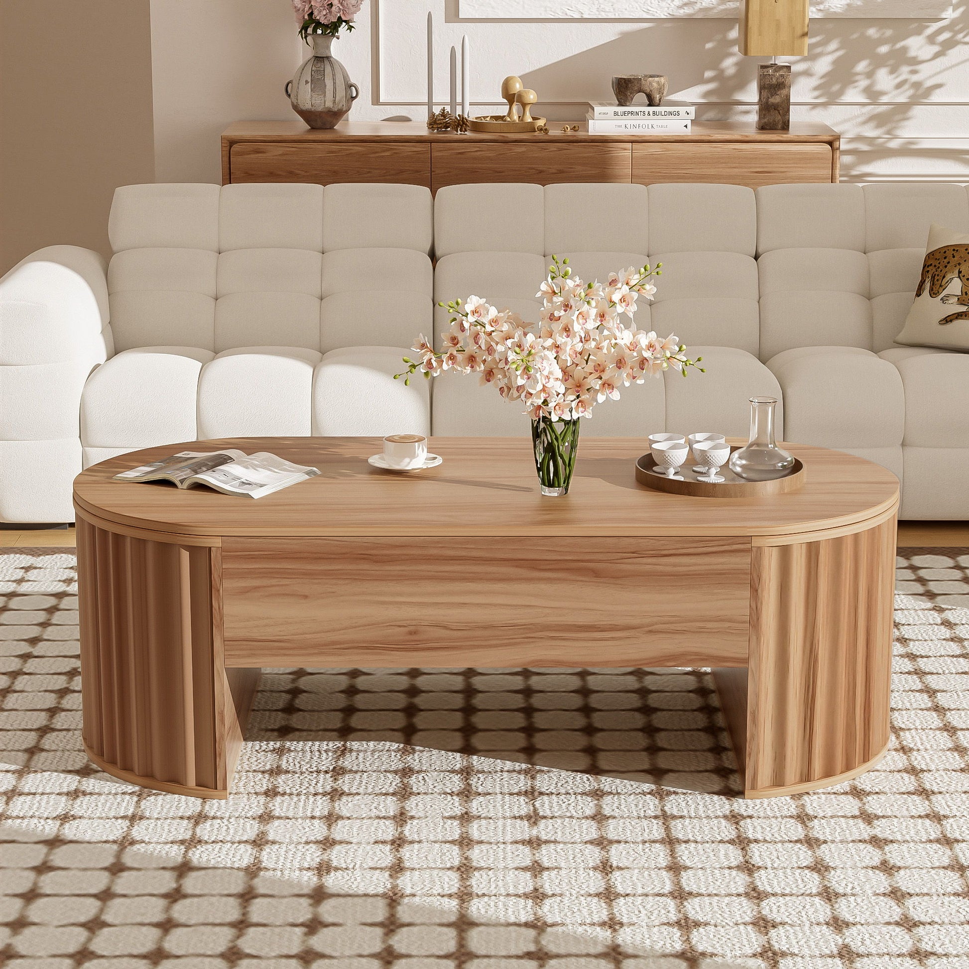 Lift Top Coffee Table With Hidden Compartment, Modern Oval Lift Tabletop For Home Living Room