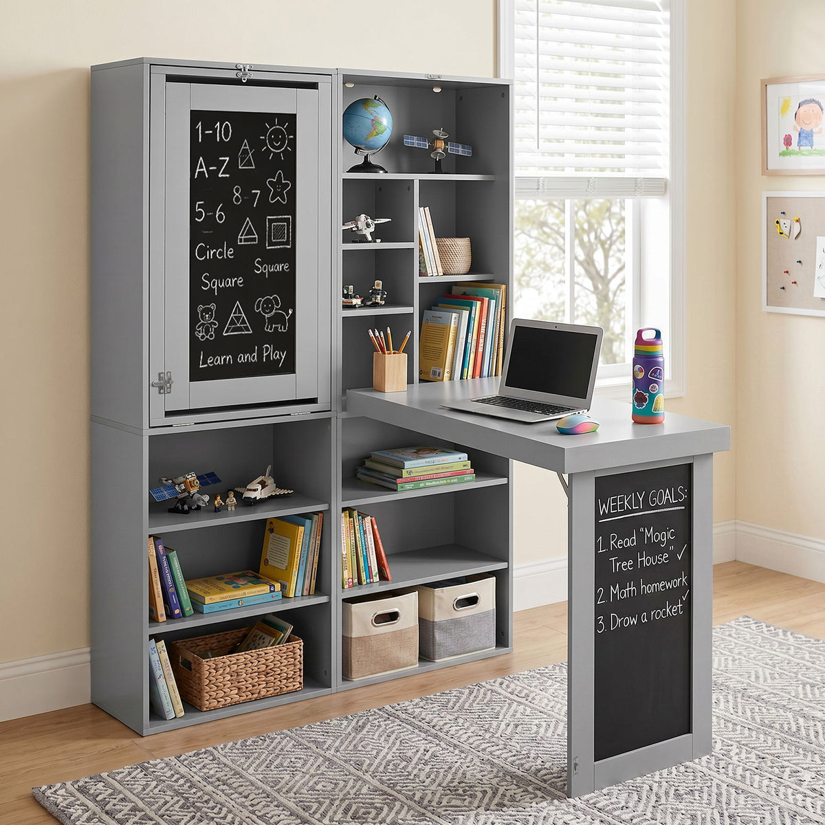 Folding Desk With Storage, Foldable Convertible Writing Table With Blackboard And Shelves For Home Office